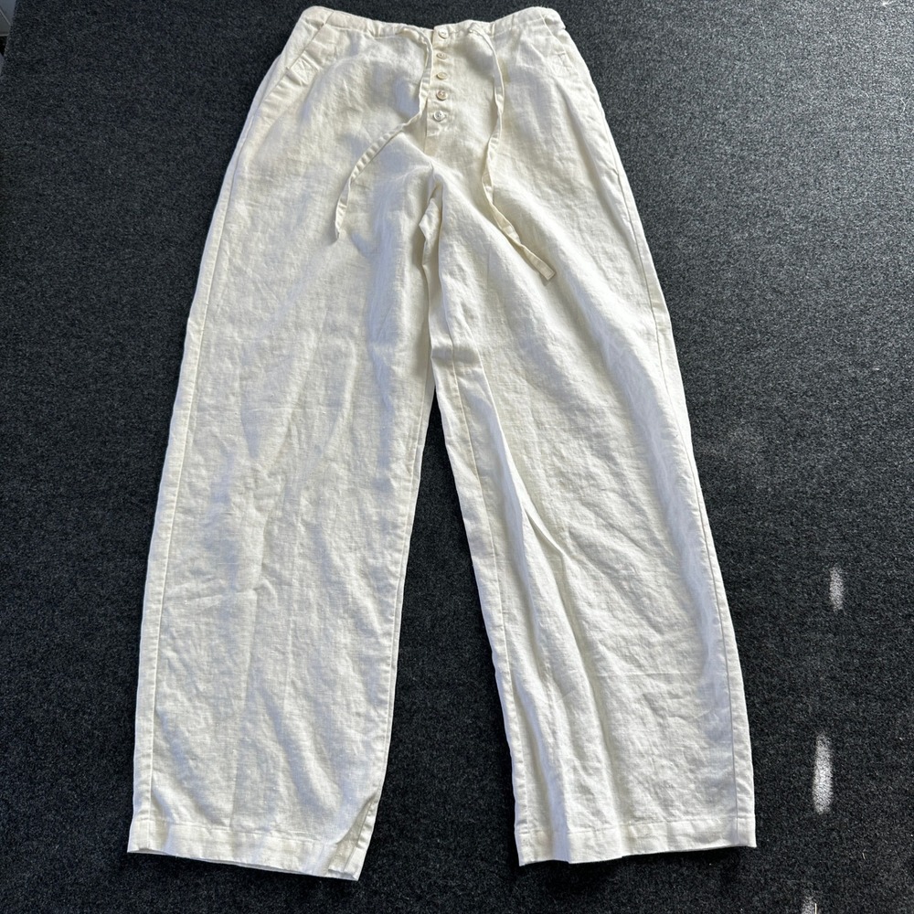 Real Comfort Womens Cream 100% Linen Wide Leg Button Fly Drawstring Pants Size 4 - Picture 2 of 9